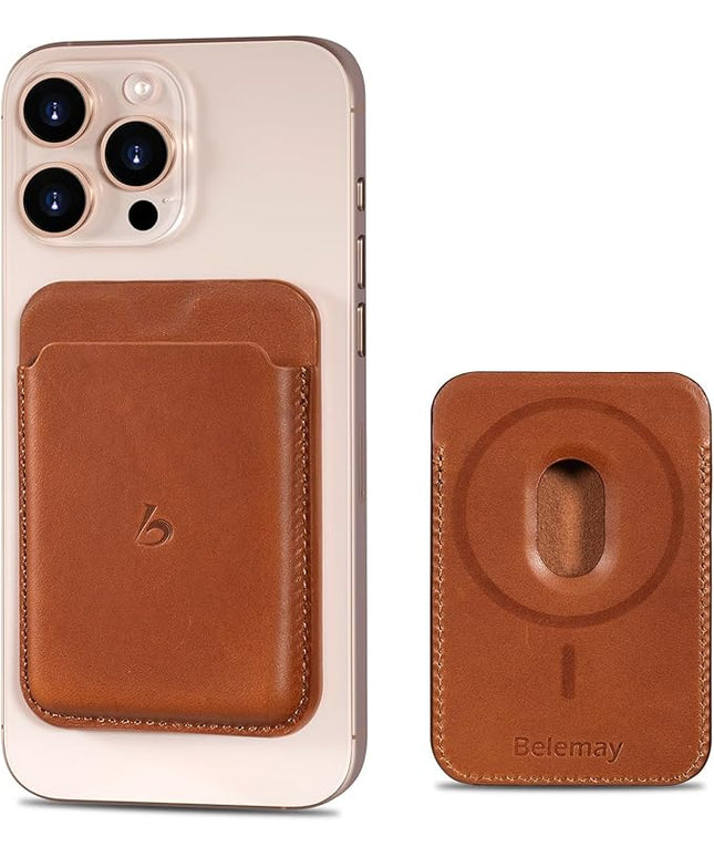Belemay Strong Magnetic Wallet Compatible with Magsafe, Luxury Minimal Card Holder for 1-2 Cards, Premium Full-grain Smooth Leather Compatible with iPhone 17/16/15/14/13/12 series&MagSafe cases, Brown