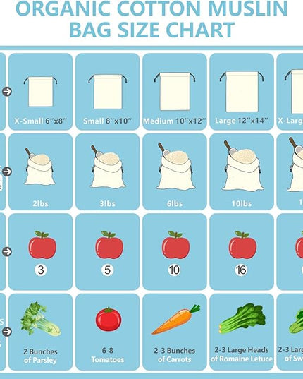 TOPDesign 10-Pack 10” x 12” Reusable Produce Bags, Muslin Bags with Drawstrings for Shopping & Storage, 100% Natural Cotton Bags, Washable, Biodegradable, Food Safe