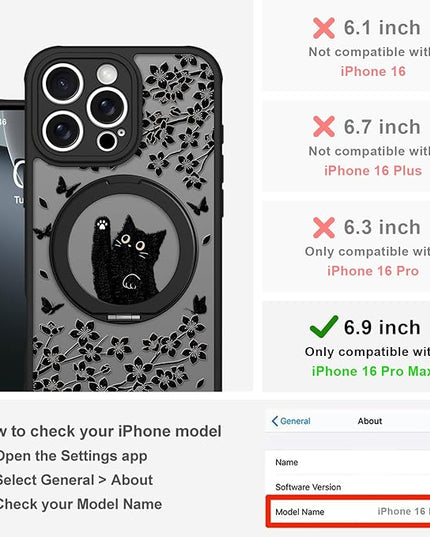 Cute Case for iPhone 16 Pro Max Case with Stand [ Compatible with MagSafe ] Kawaii Black Cat & Floral & Butterflies Pattern Design 360 Magnetic Ring Kickstand Phone Cover for Women Girls Boys