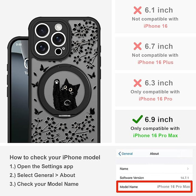 Cute Case for iPhone 16 Pro Max Case with Stand [ Compatible with MagSafe ] Kawaii Black Cat & Floral & Butterflies Pattern Design 360 Magnetic Ring Kickstand Phone Cover for Women Girls Boys