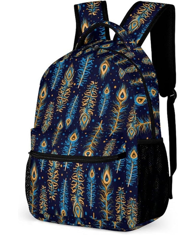 Fashion Golden Yellow Peacock Feathers Backpack Lightweight Large Capacity Laptop Daybag for Travel Work