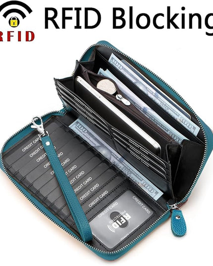 Moflycom Womens Wallet RFID Blocking Genuine Leather Multi Credit Card Large Capacity Zip Around Clutch Travel Purse Wristlet