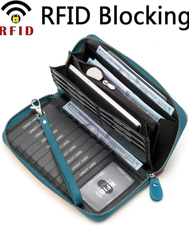 Moflycom Womens Wallet RFID Blocking Genuine Leather Multi Credit Card Large Capacity Zip Around Clutch Travel Purse Wristlet