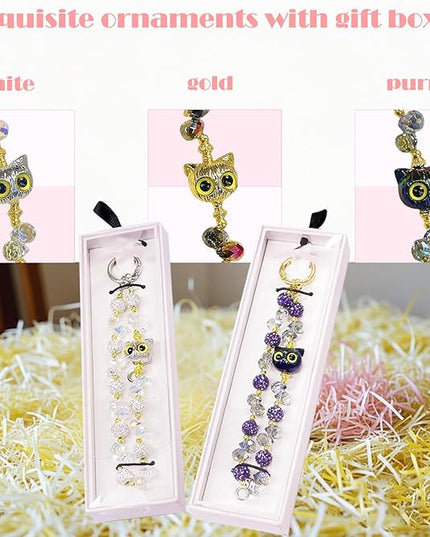 Beaded Phone Wrist Strap for Women with Cute Owl Charm, Anti-Lost Keychain Bracelet Lanyard for Cellphone, Handbag, and Keys (Owl-(Purple)