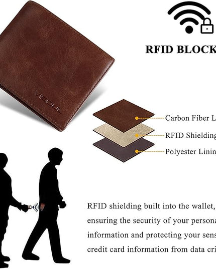 VISOUL Leather Wallets Bifold for Men with 2 ID Windwows, Men's Designer Card Holder Wallets with RFID Blocking (Brown)