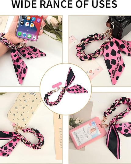 Fycyko Phone Wrist Strap with Gold Metal Scarf and Universal Tether Tab, Aesthetic Print Design Ribbon Chain, Multi-Purpose Accessories for Bag Key Cellphone for Men Women Girls-Hot Pink Leopard