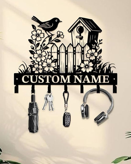 peanut case Customized Keys Holder - Personalized Birds Flower Key Hooks Wall Metal Sign Decor,Wall Holder, Garden,Door Hook (Style D)