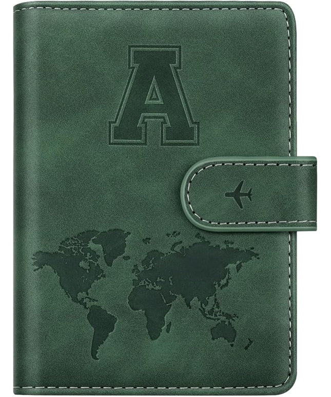 Personalized A Passport Holder Cover Initial Letter Travel Wallet RFID Blocking Passport Cover Credit Card Holder Case Passport Book Holders for Women and Men, Pine Green-A