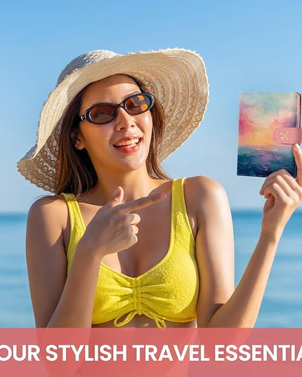 Passport Holder for Travel Essentials, RFID Blocking Leather Cover Wallet with Magnetic Closure, Aesthetic & Cute Passport Book Case for Women and Men - Sunrise (Upgraded with Money Pocket)