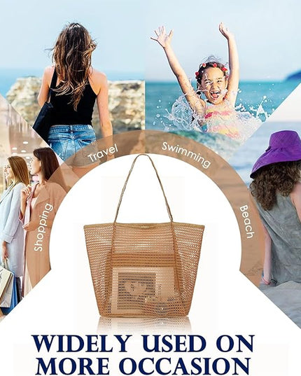 Mesh Beach Bag, Large Beach Tote with Zipper Pocket, Toys Pool Bag for Family Travel Vacation Cruise Essentials