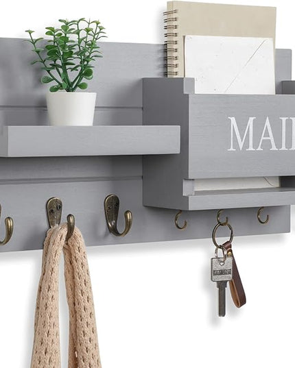 Lwenki Mail Organizer for Wall Mount – Key Holder with Shelf Includes Letter Holder and Hooks for Hallway Farmhouse Decor – Rustic Wood with Flush Mounting Hardware (16.5” x 9.1” x 3.4”) (Gray)