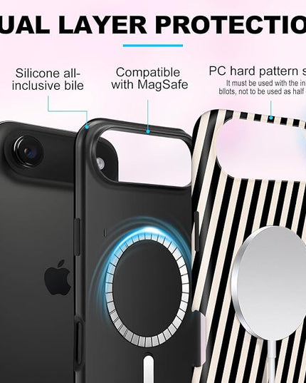 Magnetic for iPhone 17 Air Case Cute Diagonal Stripes Phone Case, Shockproof Slim TPU and Hard PC Protective Phone Cover Compatible with MagSafe Designed for Women Girls,Black and White