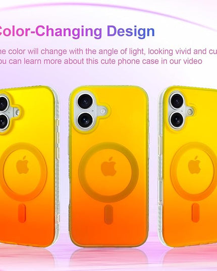 Aesthetic Case for iPhone 17 Case for Women Girls [Compatible with Magsafe] Cute Girly Trendy Glitter Sparkly Rainbow Magnetic Protective Phone Cover, Matte Iridescent Yellow & Orange