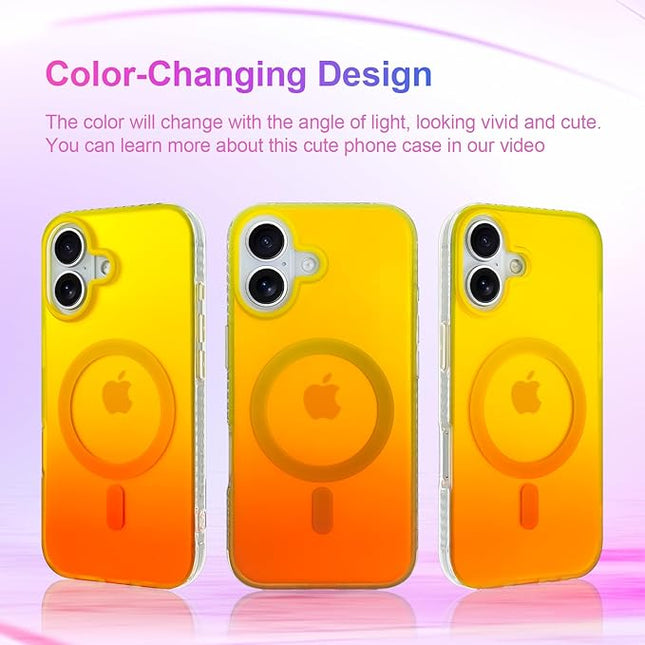 Aesthetic Case for iPhone 17 Case for Women Girls [Compatible with Magsafe] Cute Girly Trendy Glitter Sparkly Rainbow Magnetic Protective Phone Cover, Matte Iridescent Yellow & Orange