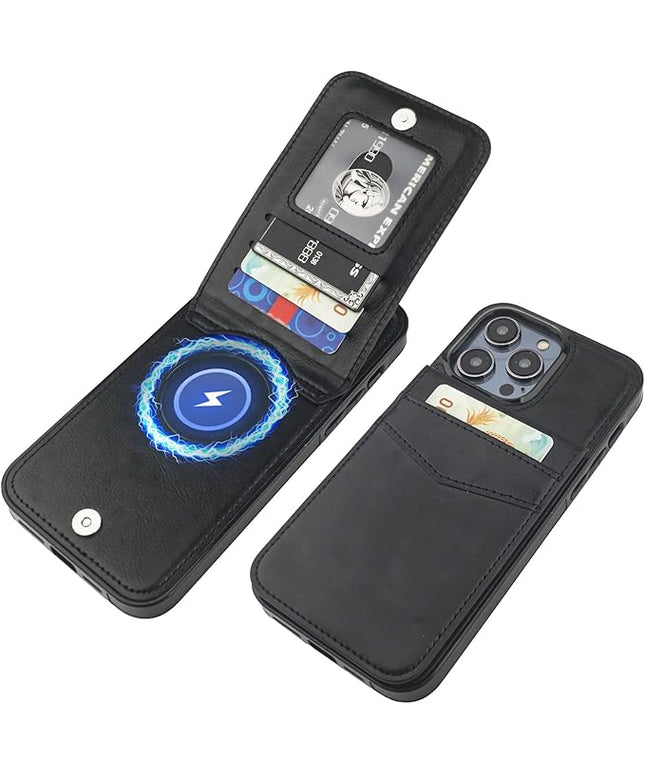 KIHUWEY for iPhone 13 Pro Max Case Wallet Compatible with MagSafe Wireless Charging, Credit Card Holder, RFID Flip Leather Magnetic Clasp Kickstand Heavy Duty Protective Cover 6.7 Inch (Black)