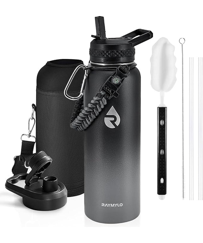 Insulated Water Bottle 40 oz, Triple Wall Vacuum Stainless Steel (Cold for 48 Hrs), Leak Proof & Non-BPA, Modern Water Flask Jug with Paracord Handle & Straw Spout Lids, Dark Grey