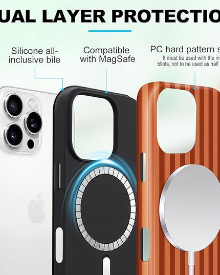 Magnetic for iPhone 13/14 Case Cute Stripes Phone Case, Shockproof Slim TPU and Hard PC Protective Phone Cover Compatible with MagSafe Designed for Women Girls, Deep Brown