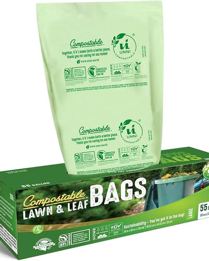 UNNI Compostable Trash Bags, 44-55 Gallon / 208 Liter, 10 Count, Extra Thick 1.38 mil Large Bin Liners for Commercial & Yard Waste, BPI, CMA & OK compost HOME Certified (Meets ASTM D6400)
