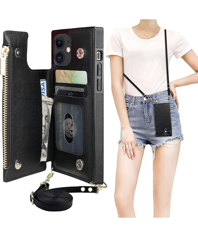 Bocasal Crossbody Wallet Case for iPhone 12/12 Pro with Card Holder,Zipper Card Slot Protector Shockproof Purse Cover with Removable Cross Body Strap 6.1 Inch(Black)
