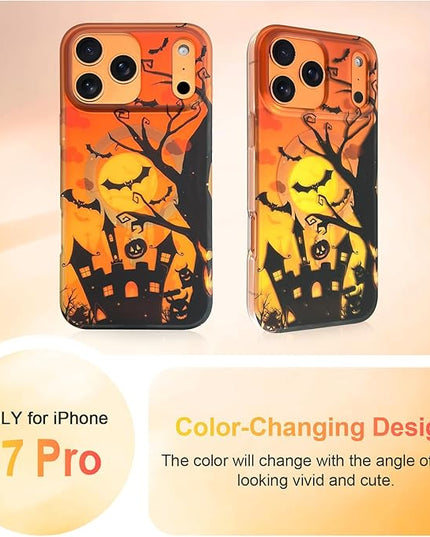 Halloween Case for iPhone 17 Pro Case [ Compatible with Magsafe ] Holographic Orange Sky with Black Castle, Bats, Ghosts and Pumpkins Pattern Design, Creative Magnetic Protective Phone Cover