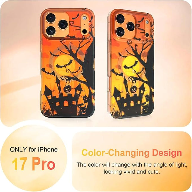 Halloween Case for iPhone 17 Pro Case [ Compatible with Magsafe ] Holographic Orange Sky with Black Castle, Bats, Ghosts and Pumpkins Pattern Design, Creative Magnetic Protective Phone Cover