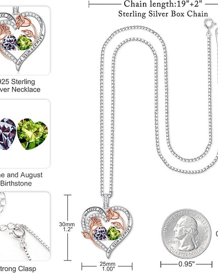 Iefil Christmas Gifts for Women Wife - 925 Sterling Silver Rose Heart Birthstone Necklace Birthday Anniversary Jewelry Gifts for Her Wife Mom Daughter