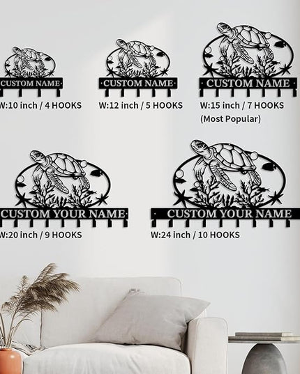 Casebrick Custom Sea Turtle Metal Wall Hooks,Key Holder-Personalized Iron Wall Decor for Keys, Coats & Home Organization (Black, Handmade,Decorative for Entryway, Beach,Bedroom,Office) (Style A)