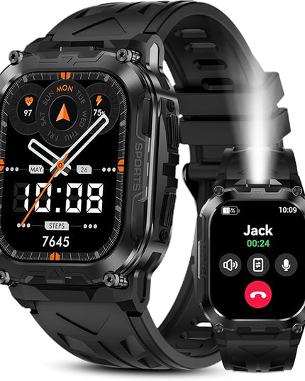 AMAZTIM Smart Watch for Men, 130 Days Extra-Long Battery, 1.96" Full Metal Rugged Military Watch, 50M Waterproof, Flashlight, 24/7 Heart Rate Sleep Monitor, Answer/Dial Calls, for Android & iOS