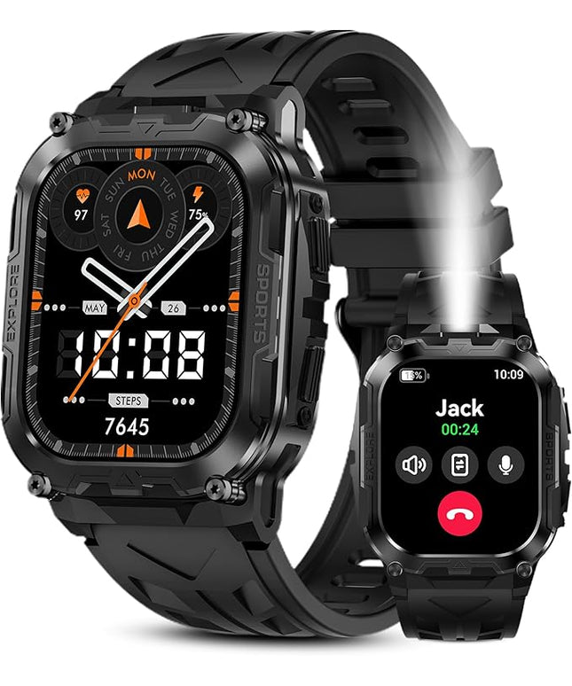 AMAZTIM Smart Watch for Men, 130 Days Extra-Long Battery, 1.96" Full Metal Rugged Military Watch, 50M Waterproof, Flashlight, 24/7 Heart Rate Sleep Monitor, Answer/Dial Calls, for Android & iOS