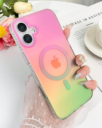 Aesthetic Case for iPhone 16 Plus Case for Women Girls, Compatible with Magsafe, Cute Girly Trendy Glitter Sparkly Rainbow Magnetic Protective Phone Cover, Matte Iridescent Pink & Green