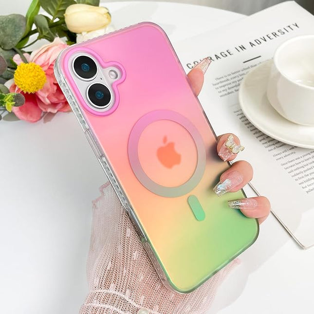Aesthetic Case for iPhone 16 Case for Women Girls, Compatible with Magsafe, Cute Girly Trendy Glitter Sparkly Rainbow Magnetic Protective Phone Cover, Matte Iridescent Pink & Green