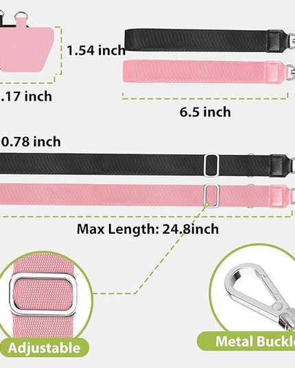 takyu Phone Lanyard, 2 Pack Adjustable Anti-Drop Neck/Wrist Strap with 2 Pcs Tether Patches, Secure Hands-Free Compatible for iPhone Samsung Perfect for Nurses, Teachers, Travel, Hiking Black+Pink