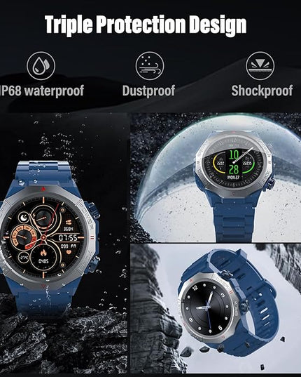 Military Smart Watches for Men(Answer/Make Calls), 1.39"HD Fitness Watch, 24/7 Heart Rate Sleep Monitor, Smart Watch for Men 110+ Sport Modes, 30Day, IP68 Waterproof Smartwatch for Android iOS, Blue