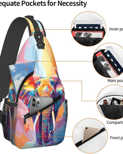 Animal Face Sling Bag Crossbody Bags Chest Bag Backpack for Travel Running and Hiking for Men Women Colorful Elephant