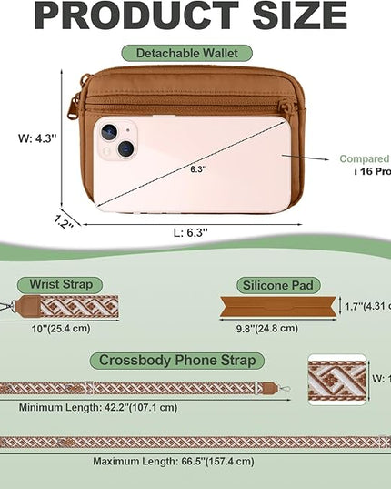 Clip and Go Strap for Phone with Wallet Crossbody, Adjustable Phone Lanyard with Detachable RFID Wristlet Wallet, Pattern Strap, Bronze(M)