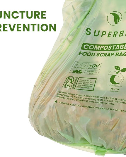 SUPERBIO 2.6 Gallon Compostable Bags with Handles, 100 Count,1 Pack, Food Scrap Bags Certified by BPI and OK compost INDUSTRIAL, 9.84L