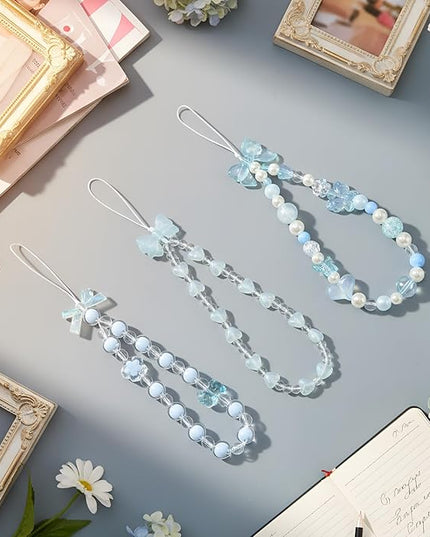 Ecally 3 Pcs Phone Charms Strap Camera Charm Strap Pearl Beaded Butterfly Bow Flower Cute Phone Wrist Lanyard Bracelet for Camera Keychain Wallet Decor Christmas New Year Gifts