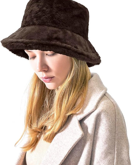 Women Plush Fluffy Bucket Hat Warm Lining Winter Faux Fur Cozy Wide Brim Winter