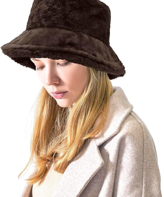 Women Plush Fluffy Bucket Hat Warm Lining Winter Faux Fur Cozy Wide Brim Winter