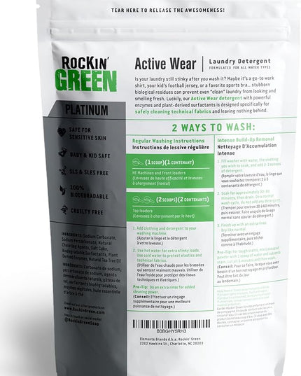 Rockin' Green Laundry Detergent, Plant based, All Natural Laundry Detergent Powder, Vegan and Biodegradable Odor Fighter, Safe for Sensitive Skin (Active Wear 90 Loads - Freshwood Mac)