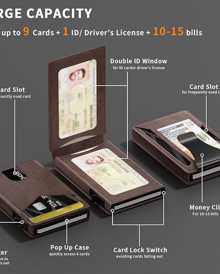KISUEDZP Wallet for Men Slim RFID Blocking-Metal Smart Pop-Up Credit Card Holder with 2 ID Windows, Holds 8-10 Cards,Bifold Minimalist Front Pocket Wallet & Money Clip,Men's accessories (Coffee)
