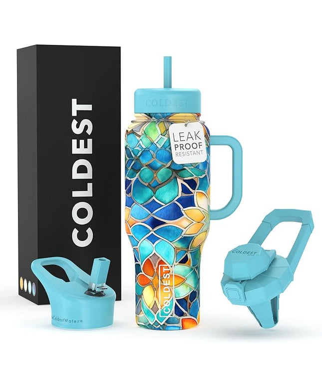 Coldest Tumbler with Handle and Straw, 100% Leak Proof Insulated Tumbler with Lid and Straw (3 Lids), Stainless Steel Tumblers for Women & Men, Cup Holder Friendly, 36 oz (Morrocan Vibes)