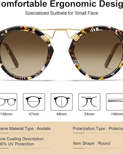 CARFIA Small Face Acetate Polarized Sunglasses for Women UV Protection, Retro Double Bridge Eyewears Metal Brow Round Sunnies