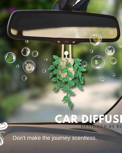 Handmade Crochet Hanging Car Air Freshener,12ml Empty Refillable Oil Diffuser Bottle with Crochet Hanging succulents Plant for Car Rearview Mirror for Home, and Office Hanging Diffuser Decor