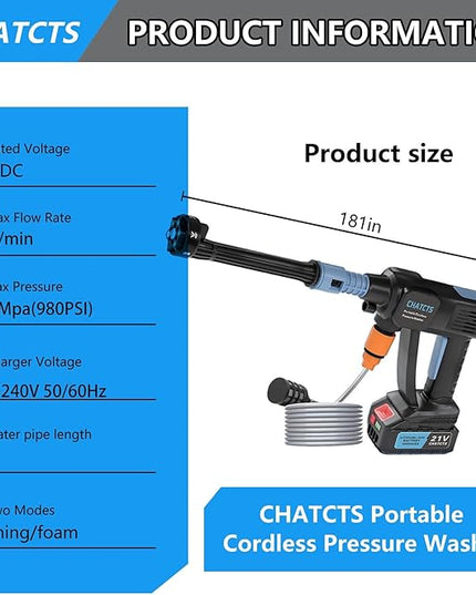 Portable Cordless Pressure Washer, 980PSI Cordless Car Pressure Washer with 2 Batteries, 6 in 1 Nozzle, 5 Meter Hose, for Watering, Cleaning, Car Washing, Floor Washing