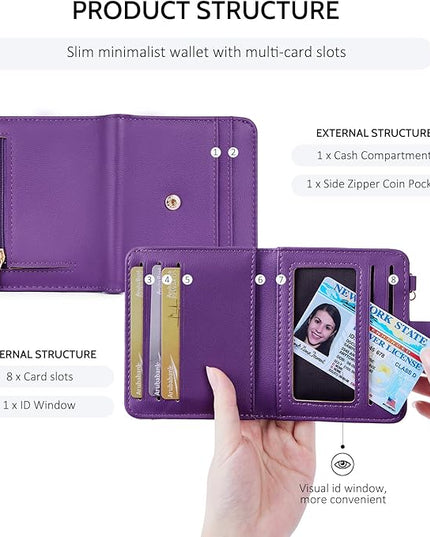 POIUGOYA Slim Wallet for Women,RFID Blocking Bifold Credit Card Holder with Zipper Coin Pocket,ID Window,Keychain