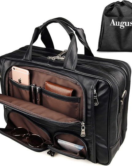 Augus Business Travel Briefcase Genuine Leather Duffel Bags for Men Laptop Bag fits 15.6 inches Laptop