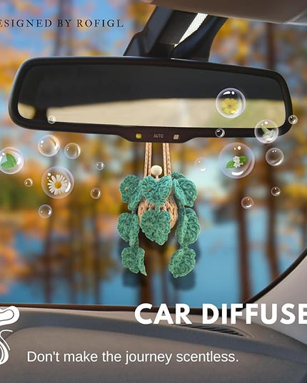 Cute Crochet Car Plant Monstera Essential Oil Diffuser Bottle - 12ml Refillable, Green Car Accessory for Mirror Decor and Home Decor