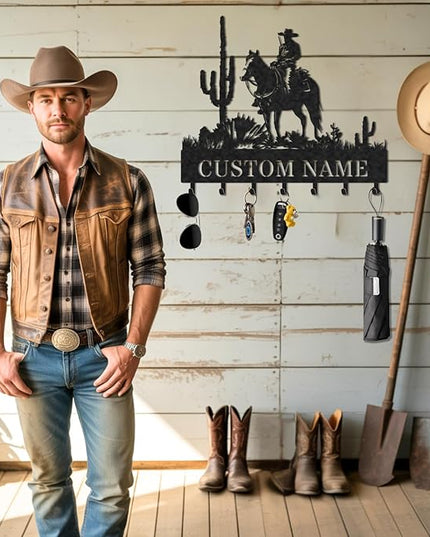 LOWACOS Personalized Key Holder for Wall, Custom Metal Cowboy Key Hooks with Name, Meta Jacket Holder Hooks Organizer Rack, Jacket Hanger Decor for Kitchen, Entryway, Hallway, Office, Doorway