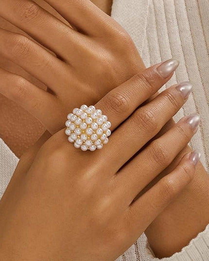 Chunky Gold Rings for Women Non Tarnish Statement Flower Ring Baroque Pearl Stackable Rings Set 6Pcs Chunky Jewelry